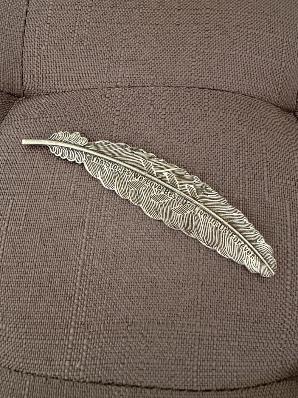 Silver Feather Bookmark Engraved Quote “The Stories We Love” Metal Book Marker